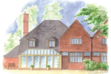 A watercolour of a bespoke designed hardwood conservatory.